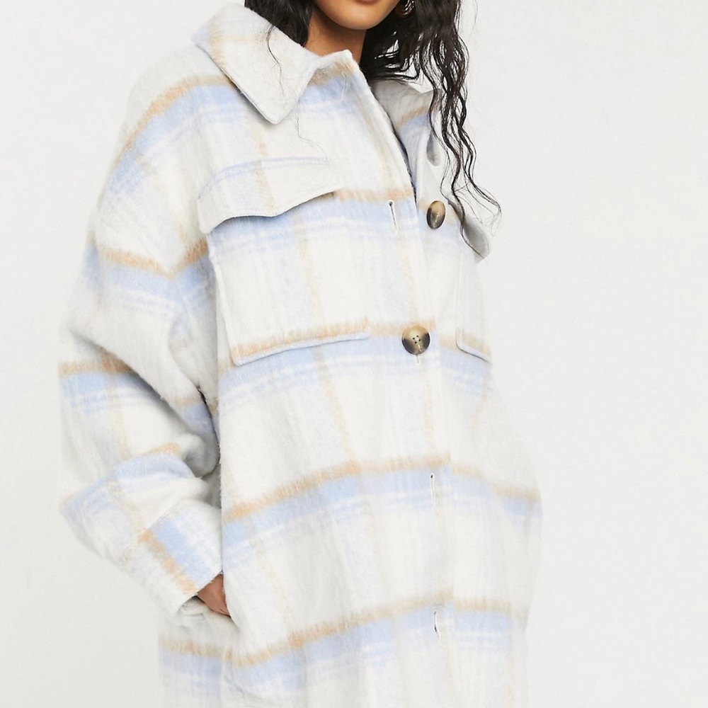 ASOS DESIGN brushed plaid jacket in baby blue
